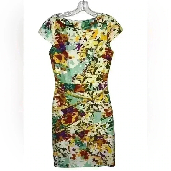 AGB Wm's Sz 8 Abstract Multicolor Floral Print Knee Length Structured Dress D166 - Picture 1 of 11